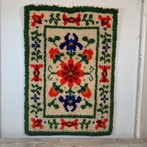 Vintage Floral Latch Hook Rug Completed Wall Hanging